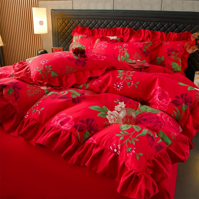 91家纺网 家纺一手货源 找家纺 卓缦2025新款亲肤棉韩版印花花边婚庆四件套 欢颜