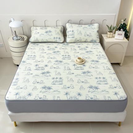 91家纺网 家纺一手货源 找家纺 倾慕家纺 2025年新款600D丝滑冰丝凉席-床席款 沙滩风情蓝