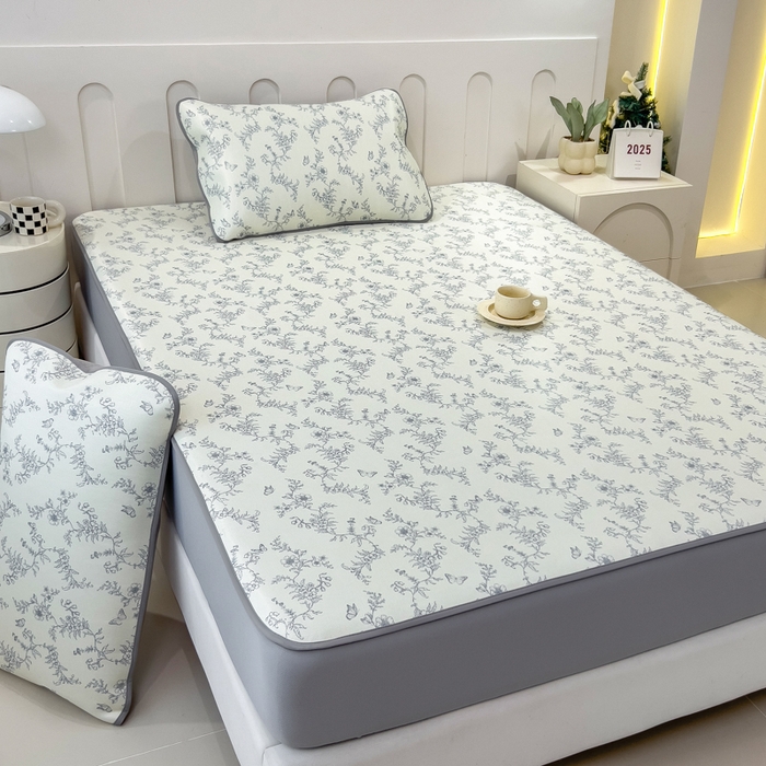 91家纺网 家纺一手货源 找家纺 2025年新款600D丝滑冰丝凉席-床笠款 连理枝蓝