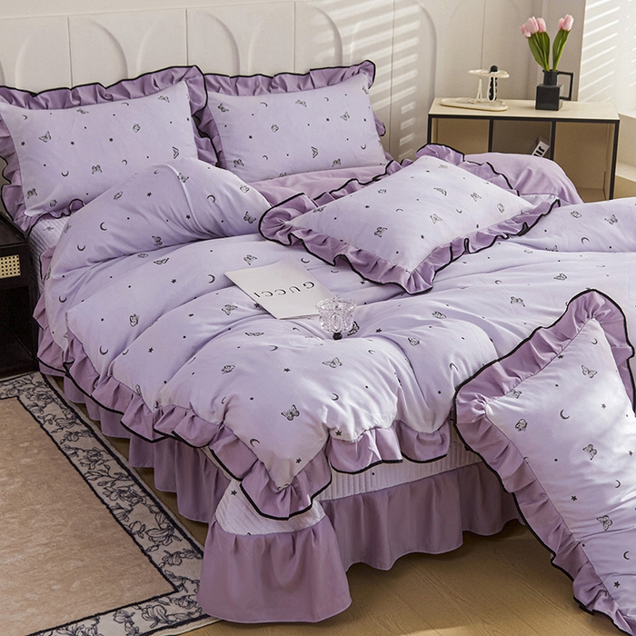 91家纺网 家纺一手货源 找家纺 铠畅家纺 2025新款有氧双层纱印花夹棉床盖四件套-终版 蝴蝶纷飞 星空紫