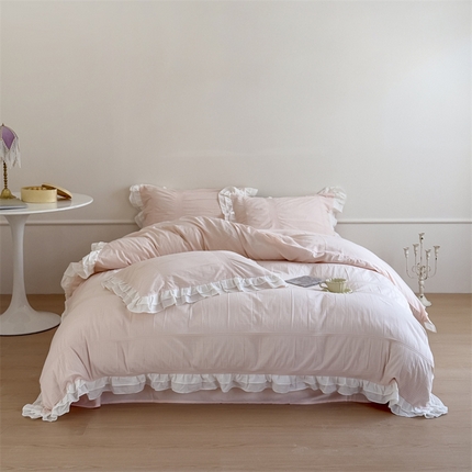（总）尺素 2025纯棉双层花边韩式四件套全棉纯色ins风民宿被套纯色1.8床笠双人加大床单公主风床上用品