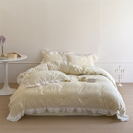 91家纺网 家纺一手货源 找家纺 （总）尺素 2025纯棉双层花边韩式四件套全棉纯色ins风民宿被套纯色1.8床笠双人加大床单公主风床上用品