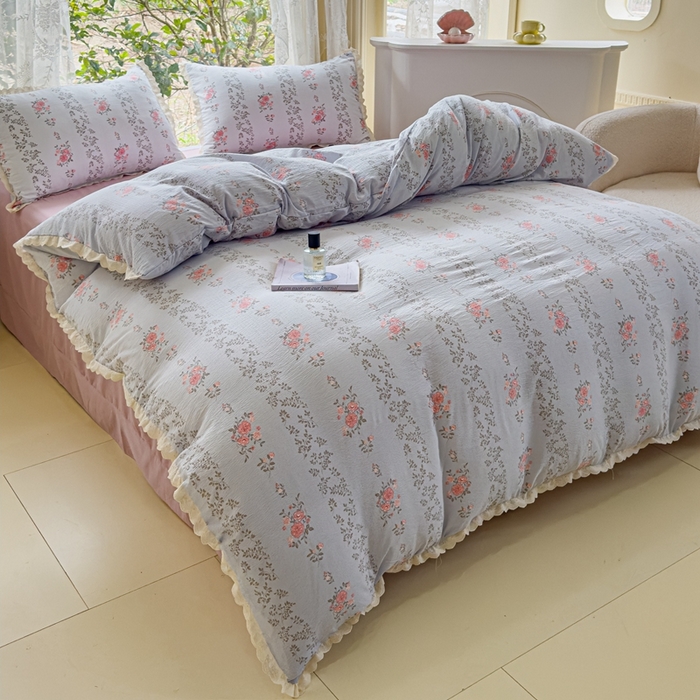 91家纺网 家纺一手货源 找家纺 可思家纺 2025新款法式皱皱纱四件套 赫拉花园-兰