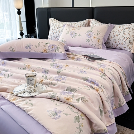 91家纺网 家纺一手货源 找家纺 （总）合欢（原天一阁）2025新款莱赛尔拼角工艺款天丝夏被四件套