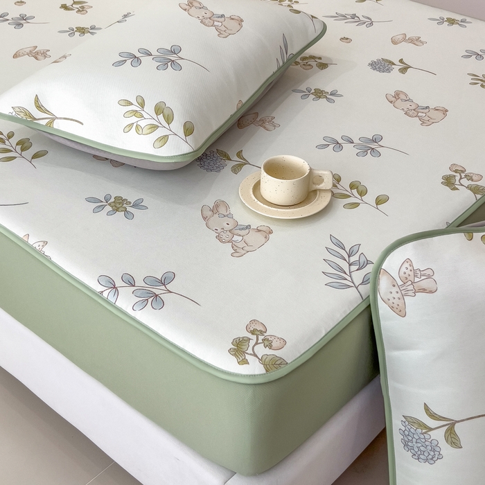 91家纺网 家纺一手货源 找家纺 2025年新款600D丝滑冰丝凉席-床笠款 蘑菇小兔