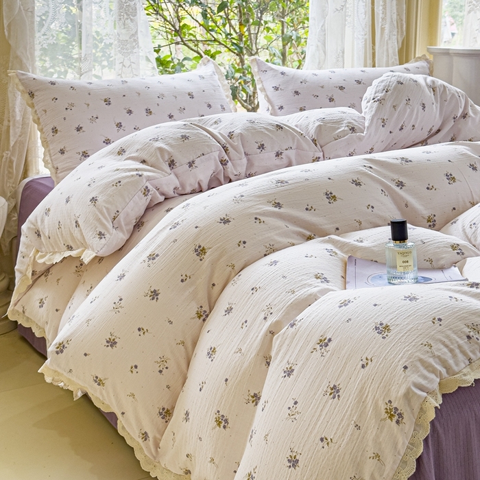 91家纺网 家纺一手货源 找家纺 可思家纺 2025新款法式皱皱纱四件套 铃兰紫