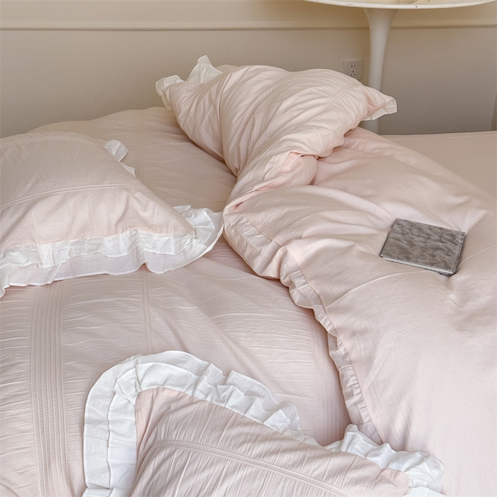 91家纺网 家纺一手货源 找家纺 （总）尺素 2025纯棉双层花边韩式四件套全棉纯色ins风民宿被套纯色1.8床笠双人加大床单公主风床上用品