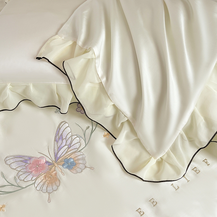 91家纺网 家纺一手货源 找家纺 梦舒羽 2025新款刺绣水洗真丝花边夏被四件套宿舍夏凉被床单枕套三件套-蝶梦花边款 蝶梦-绿 花边款