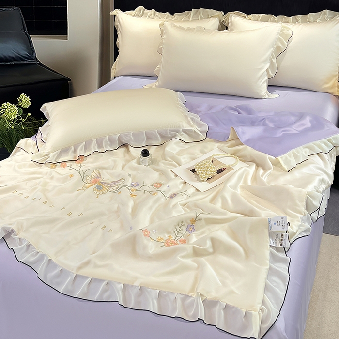 91家纺网 家纺一手货源 找家纺 （总）梦舒羽 2025新款刺绣水洗真丝花边夏被四件套宿舍夏凉被床单枕套三件套-蝶梦花边款