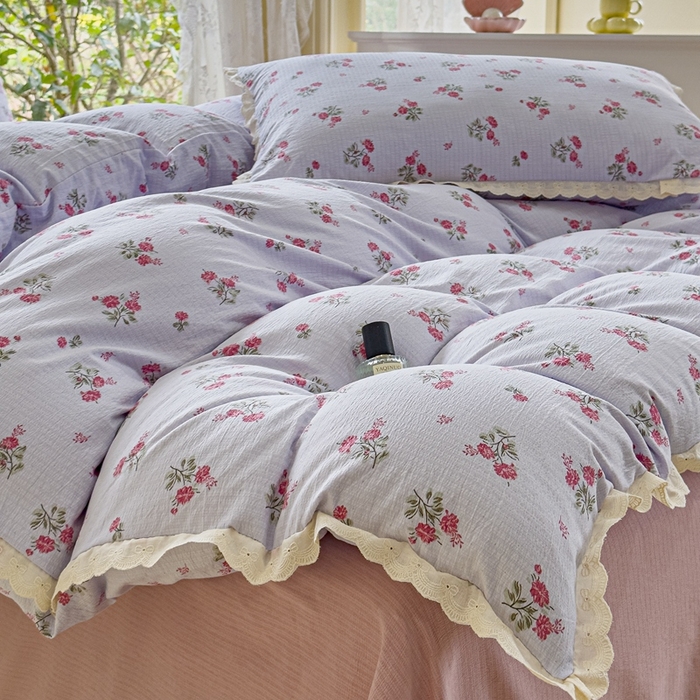 91家纺网 家纺一手货源 找家纺 可思家纺 2025新款法式皱皱纱四件套 紫雾玫瑰