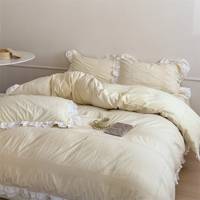 91家纺网 家纺一手货源 找家纺 尺素 2025纯棉双层花边韩式四件套全棉纯色ins风民宿被套纯色1.8床笠双人加大床单公主风床上用品 奶泡泡-芝芝软芙