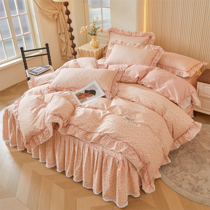 91家纺网 家纺一手货源 找家纺 缦彩 2025新款韩版纯棉床裙四件套 美娜