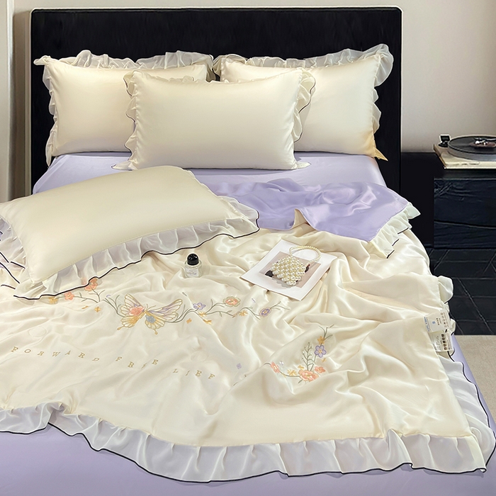 91家纺网 家纺一手货源 找家纺 梦舒羽 2025新款刺绣水洗真丝花边夏被四件套宿舍夏凉被床单枕套三件套-蝶梦花边款 蝶梦-紫 花边款