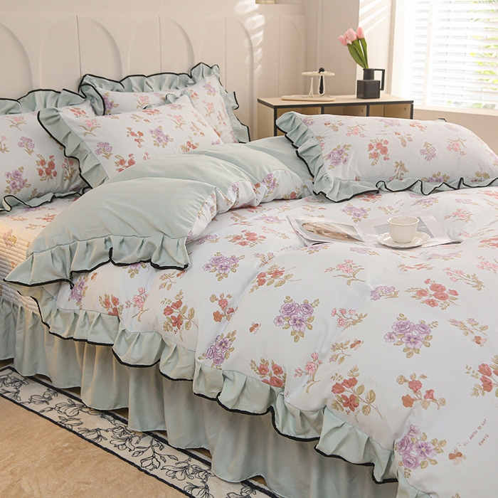 91家纺网 家纺一手货源 找家纺 铠畅家纺 2025新款有氧双层纱印花夹棉床盖四件套-终版 春日物语