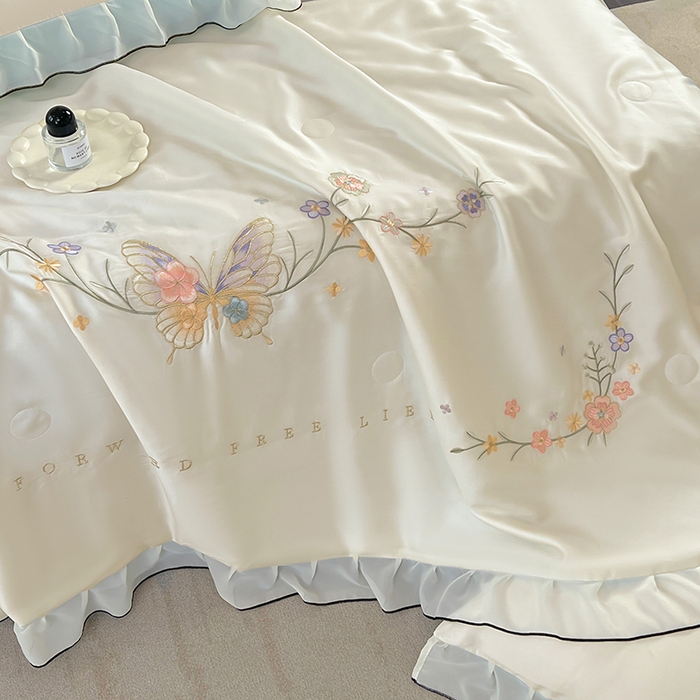 91家纺网 家纺一手货源 找家纺 梦舒羽 2025新款刺绣水洗真丝花边夏被四件套宿舍夏凉被床单枕套三件套-蝶梦花边款 蝶梦-蓝 花边款