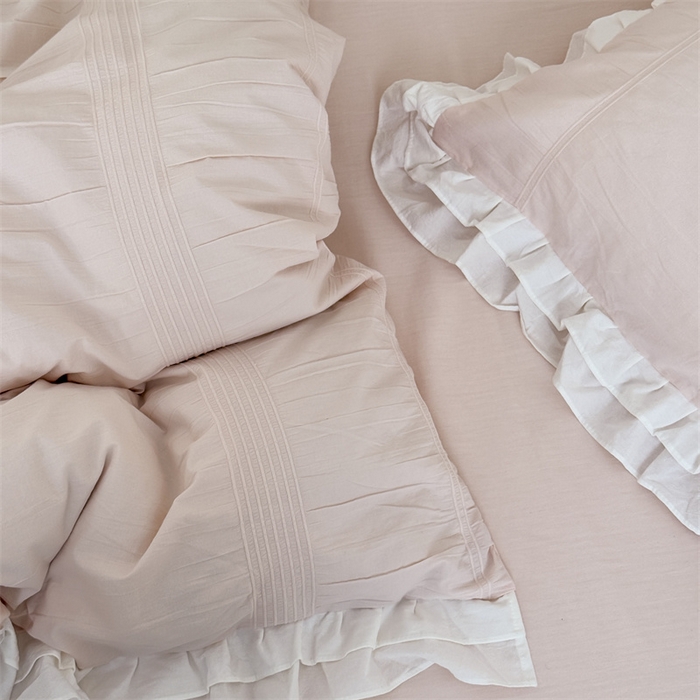 91家纺网 家纺一手货源 找家纺 尺素 2025纯棉双层花边韩式四件套全棉纯色ins风民宿被套纯色1.8床笠双人加大床单公主风床上用品 奶泡泡-涂涂小桃