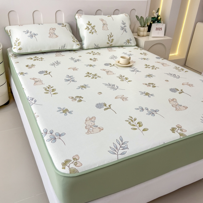 91家纺网 家纺一手货源 找家纺 2025年新款600D丝滑冰丝凉席-床笠款 蘑菇小兔