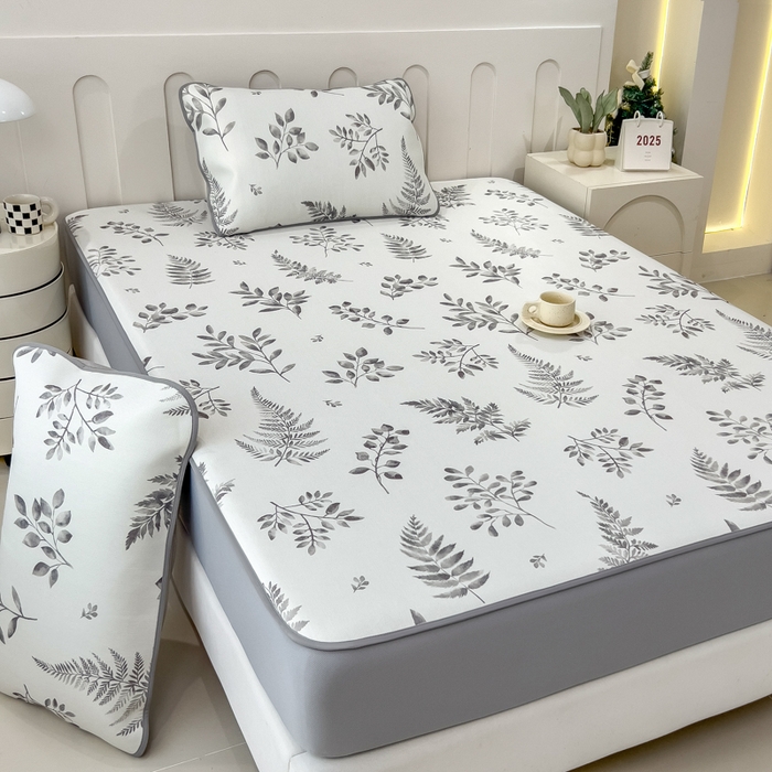 91家纺网 家纺一手货源 找家纺 2025年新款600D丝滑冰丝凉席-床笠款 素叶灰