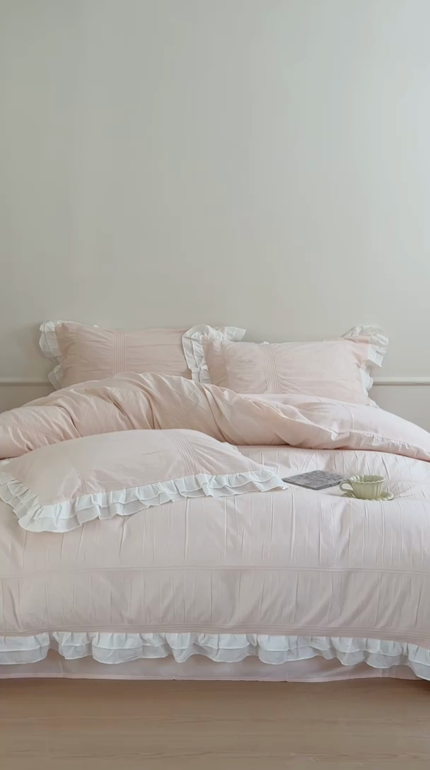 91家纺网 家纺一手货源 找家纺 （总）尺素 2025纯棉双层花边韩式四件套全棉纯色ins风民宿被套纯色1.8床笠双人加大床单公主风床上用品