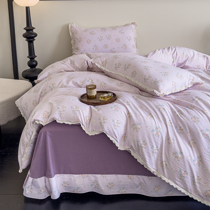 91家纺网 家纺一手货源 找家纺 可思家纺 2025新款法式皱皱纱四件套 紫薰