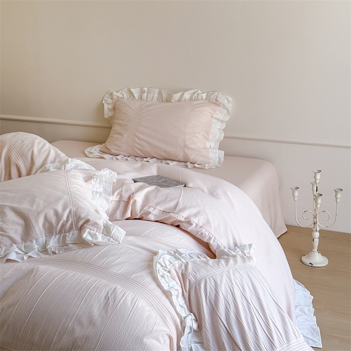 91家纺网 家纺一手货源 找家纺 （总）尺素 2025纯棉双层花边韩式四件套全棉纯色ins风民宿被套纯色1.8床笠双人加大床单公主风床上用品