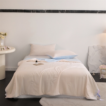 91家纺网 家纺一手货源 找家纺 （总）头等舱  2025新款锦氨&全棉双层纱一被两用A类20大豆7A抗菌夏被（配礼盒）