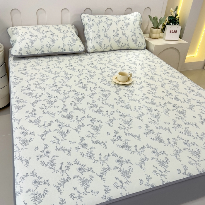 91家纺网 家纺一手货源 找家纺 2025年新款600D丝滑冰丝凉席-床笠款 连理枝蓝