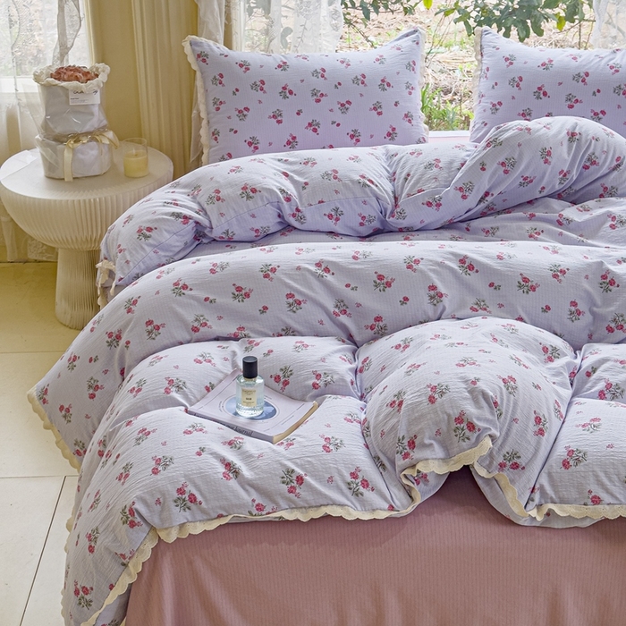 91家纺网 家纺一手货源 找家纺 可思家纺 2025新款法式皱皱纱四件套 紫雾玫瑰