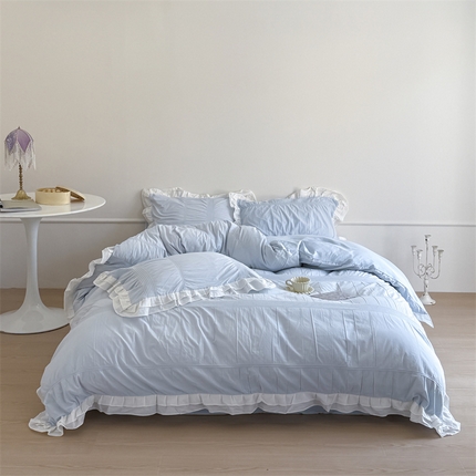 91家纺网 家纺一手货源 找家纺 （总）尺素 2025纯棉双层花边韩式四件套全棉纯色ins风民宿被套纯色1.8床笠双人加大床单公主风床上用品