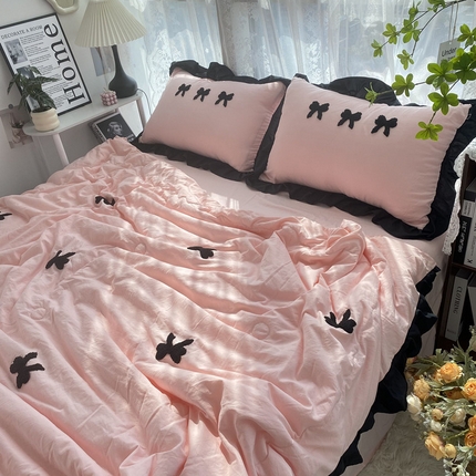 2025新款毛巾绣单夏被夏被四件套 蝴蝶结 -粉