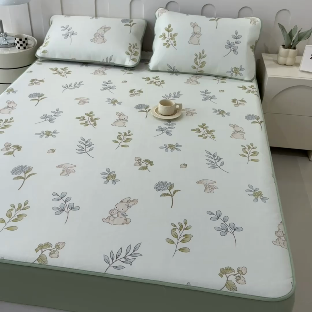 91家纺网 家纺一手货源 找家纺 2025年新款600D丝滑冰丝凉席-床笠款 蘑菇小兔