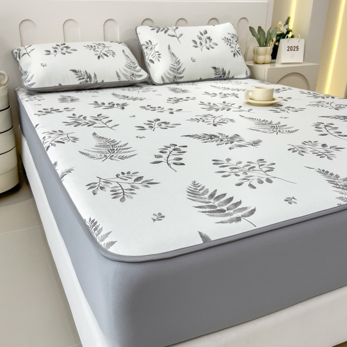 91家纺网 家纺一手货源 找家纺 2025年新款600D丝滑冰丝凉席-床笠款 素叶灰