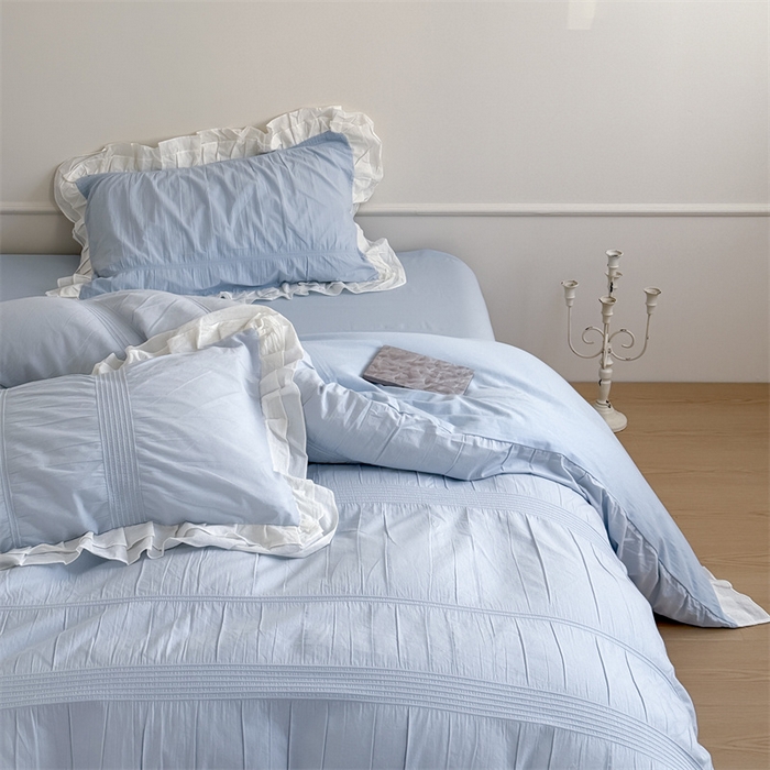 91家纺网 家纺一手货源 找家纺 尺素 2025纯棉双层花边韩式四件套全棉纯色ins风民宿被套纯色1.8床笠双人加大床单公主风床上用品 奶泡泡-也许雾蓝