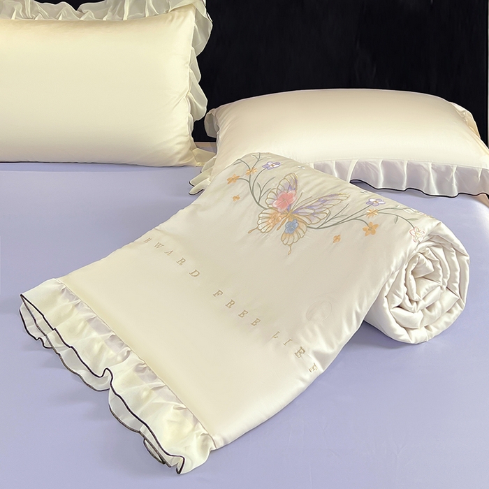 91家纺网 家纺一手货源 找家纺 梦舒羽 2025新款刺绣水洗真丝花边夏被四件套宿舍夏凉被床单枕套三件套-蝶梦花边款 蝶梦-紫 花边款