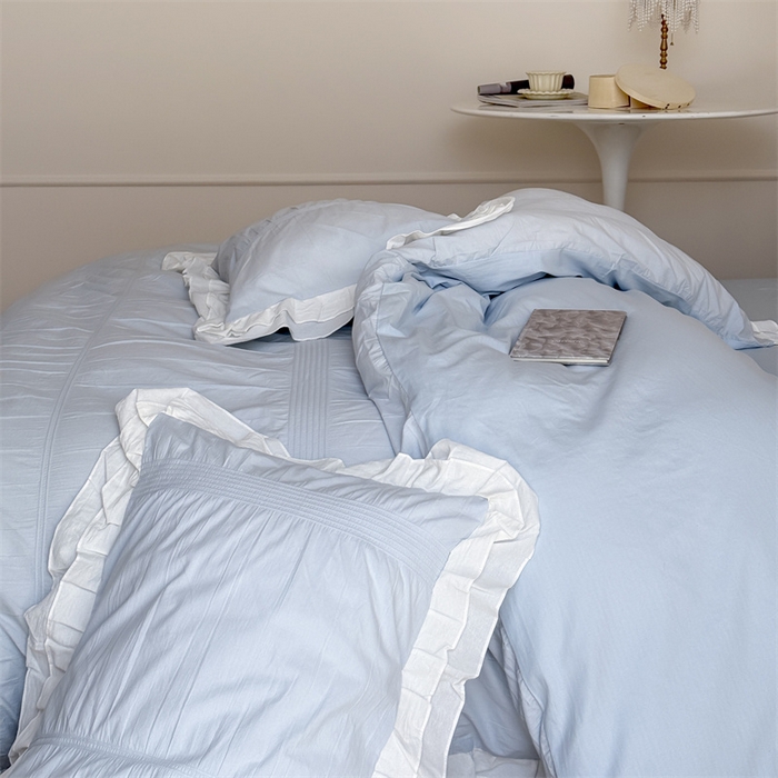 91家纺网 家纺一手货源 找家纺 尺素 2025纯棉双层花边韩式四件套全棉纯色ins风民宿被套纯色1.8床笠双人加大床单公主风床上用品 奶泡泡-也许雾蓝