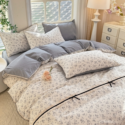 91家纺网 家纺一手货源 找家纺 （总）艾唯希2025新款全棉小香风工艺四件套纯棉小花边碎花被套韩式公主风