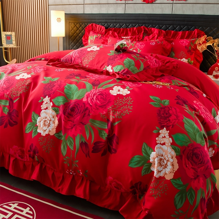 91家纺网 家纺一手货源 找家纺 卓缦2025新款亲肤棉韩版印花花边婚庆四件套 欢颜