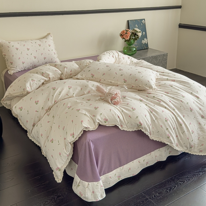 91家纺网 家纺一手货源 找家纺 可思家纺 2025新款法式皱皱纱四件套 小玫瑰