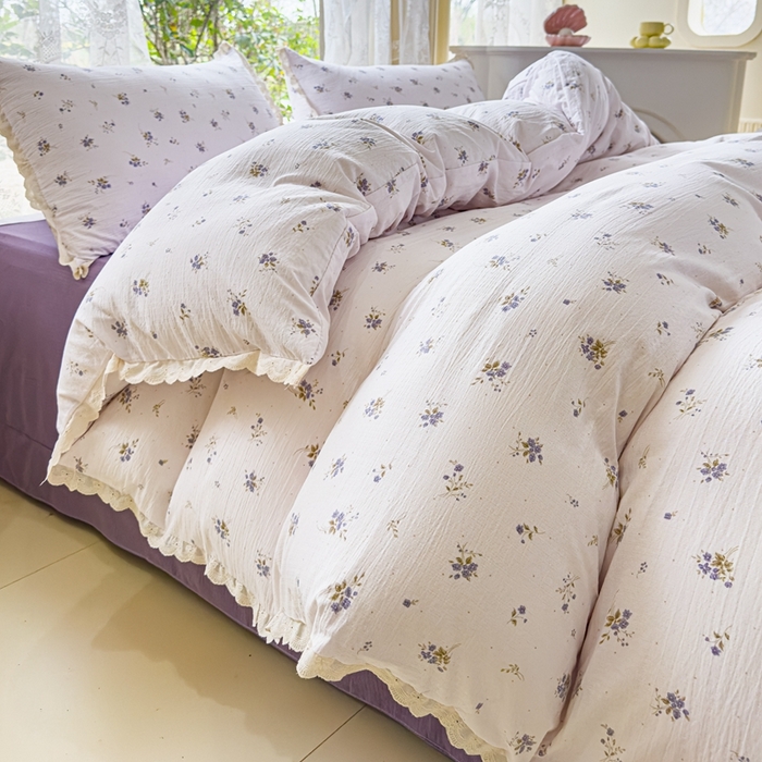 91家纺网 家纺一手货源 找家纺 可思家纺 2025新款法式皱皱纱四件套 铃兰紫