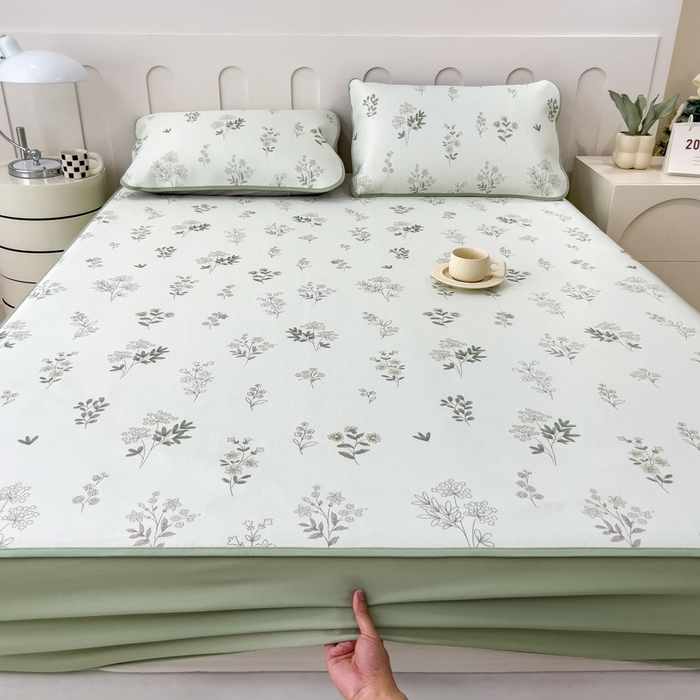 91家纺网 家纺一手货源 找家纺 2025年新款600D丝滑冰丝凉席-床笠款 清凉一叶