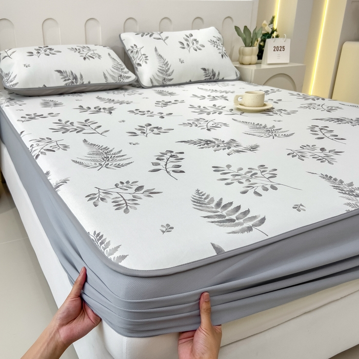 91家纺网 家纺一手货源 找家纺 2025年新款600D丝滑冰丝凉席-床笠款 素叶灰