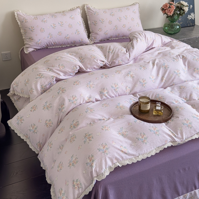 91家纺网 家纺一手货源 找家纺 可思家纺 2025新款法式皱皱纱四件套 紫薰