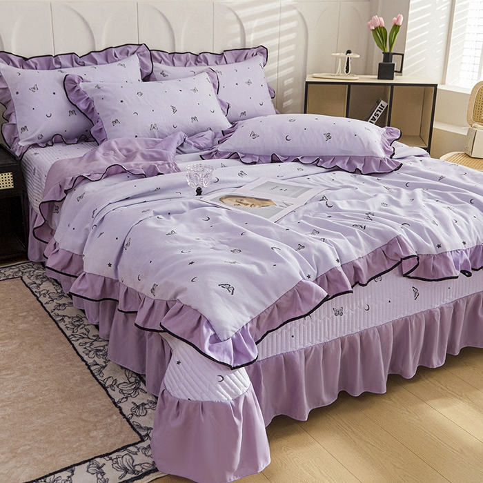 91家纺网 家纺一手货源 找家纺 铠畅家纺 2025新款有氧双层纱印花夹棉床盖四件套-终版 蝴蝶纷飞 星空紫