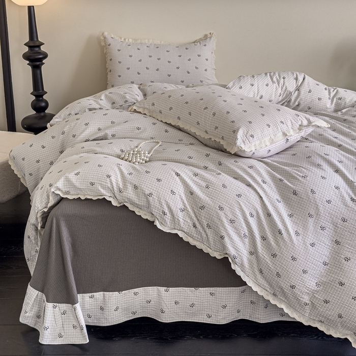 91家纺网 家纺一手货源 找家纺 可思家纺 2025新款法式皱皱纱四件套 甜心格子