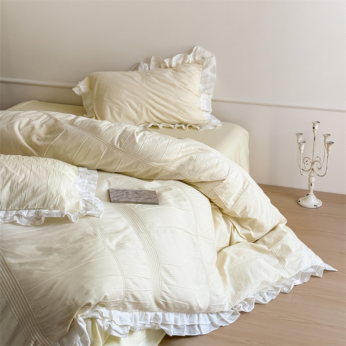 91家纺网 家纺一手货源 找家纺 尺素 2025纯棉双层花边韩式四件套全棉纯色ins风民宿被套纯色1.8床笠双人加大床单公主风床上用品 奶泡泡-芝芝软芙