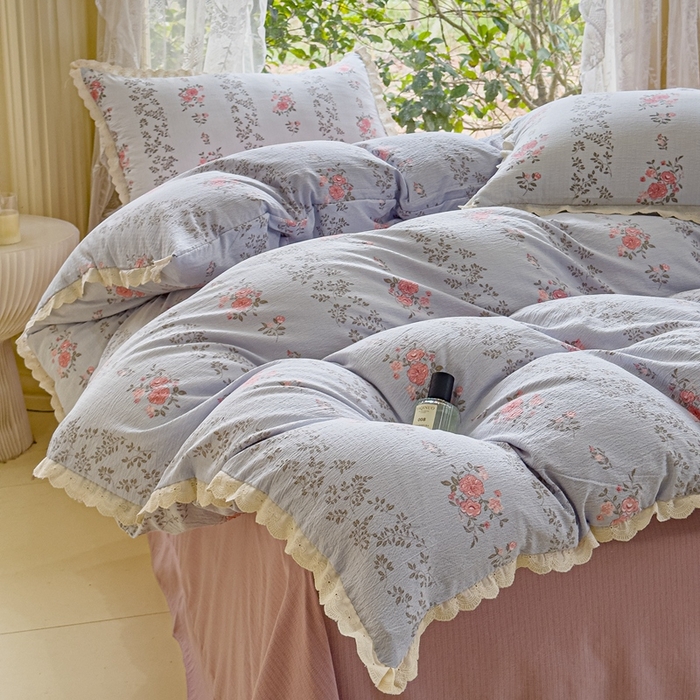 91家纺网 家纺一手货源 找家纺 可思家纺 2025新款法式皱皱纱四件套 赫拉花园-兰