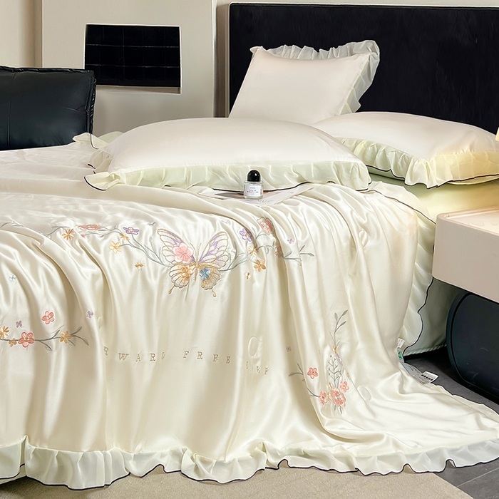 91家纺网 家纺一手货源 找家纺 梦舒羽 2025新款刺绣水洗真丝花边夏被四件套宿舍夏凉被床单枕套三件套-蝶梦花边款 蝶梦-绿 花边款