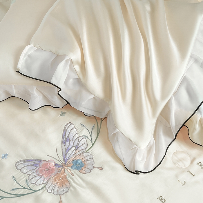 91家纺网 家纺一手货源 找家纺 梦舒羽 2025新款刺绣水洗真丝花边夏被四件套宿舍夏凉被床单枕套三件套-蝶梦花边款 蝶梦-粉 花边款