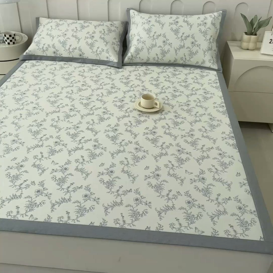 91家纺网 家纺一手货源 找家纺 倾慕家纺 2025年新款600D丝滑冰丝凉席-床席款 连理枝绿