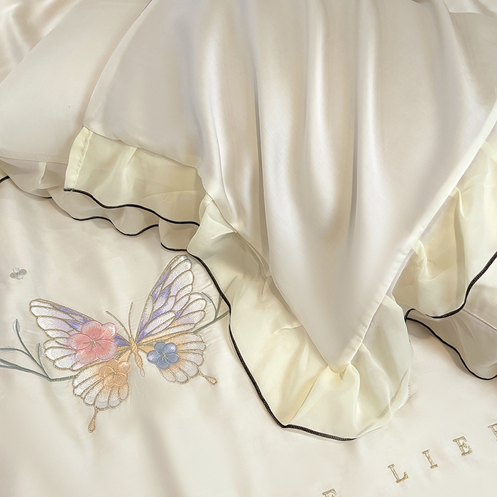 91家纺网 家纺一手货源 找家纺 梦舒羽 2025新款刺绣水洗真丝花边夏被四件套宿舍夏凉被床单枕套三件套-蝶梦花边款 蝶梦-紫 花边款